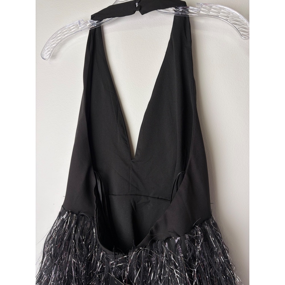 DO+BE Black Silver Tinsel Fringe Open Back Halter Mini Dress GY2191 NWT Large - Picture 4 of 13